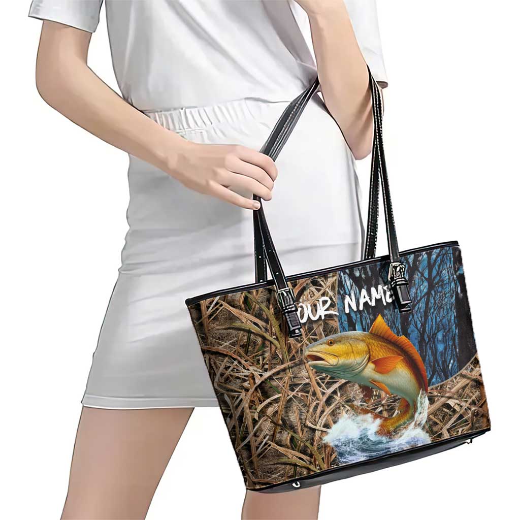 Redfish Splashing in Marsh Grass Leather Tote Bag Custom Name and Nature Background Design - Wonder Print Shop