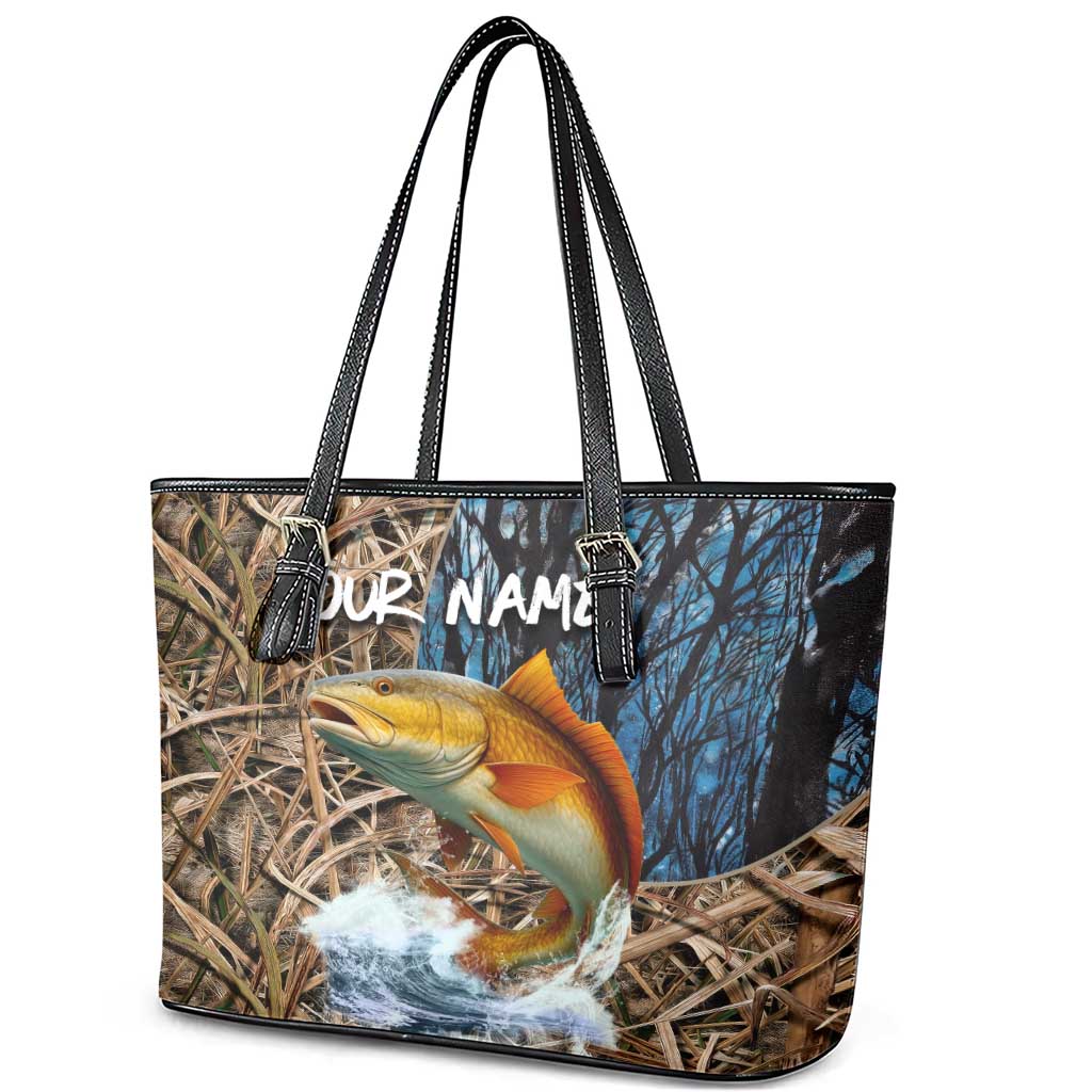 Redfish Splashing in Marsh Grass Leather Tote Bag Custom Name and Nature Background Design - Wonder Print Shop