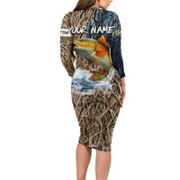 Redfish Splashing in Marsh Grass Long Sleeve Bodycon Dress Custom Name and Nature Background Design - Wonder Print Shop