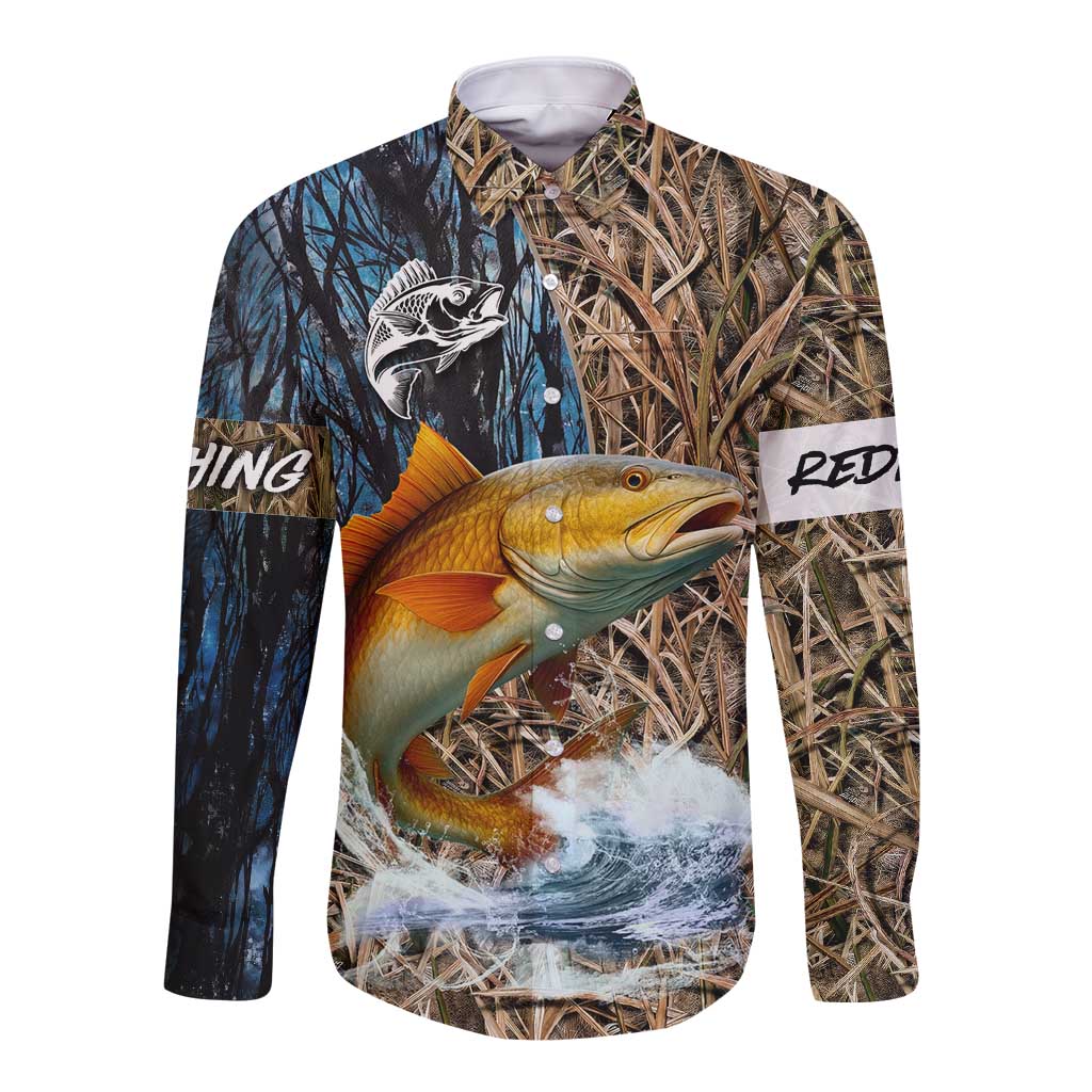 Redfish Splashing in Marsh Grass Long Sleeve Button Shirt Custom Name and Nature Background Design - Wonder Print Shop