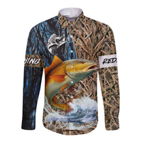 Redfish Splashing in Marsh Grass Long Sleeve Button Shirt Custom Name and Nature Background Design - Wonder Print Shop
