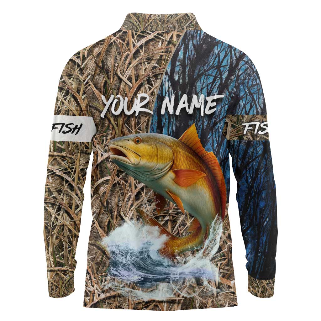 Redfish Splashing in Marsh Grass Long Sleeve Polo Shirt Custom Name and Nature Background Design - Wonder Print Shop