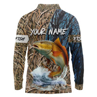 Redfish Splashing in Marsh Grass Long Sleeve Polo Shirt Custom Name and Nature Background Design - Wonder Print Shop
