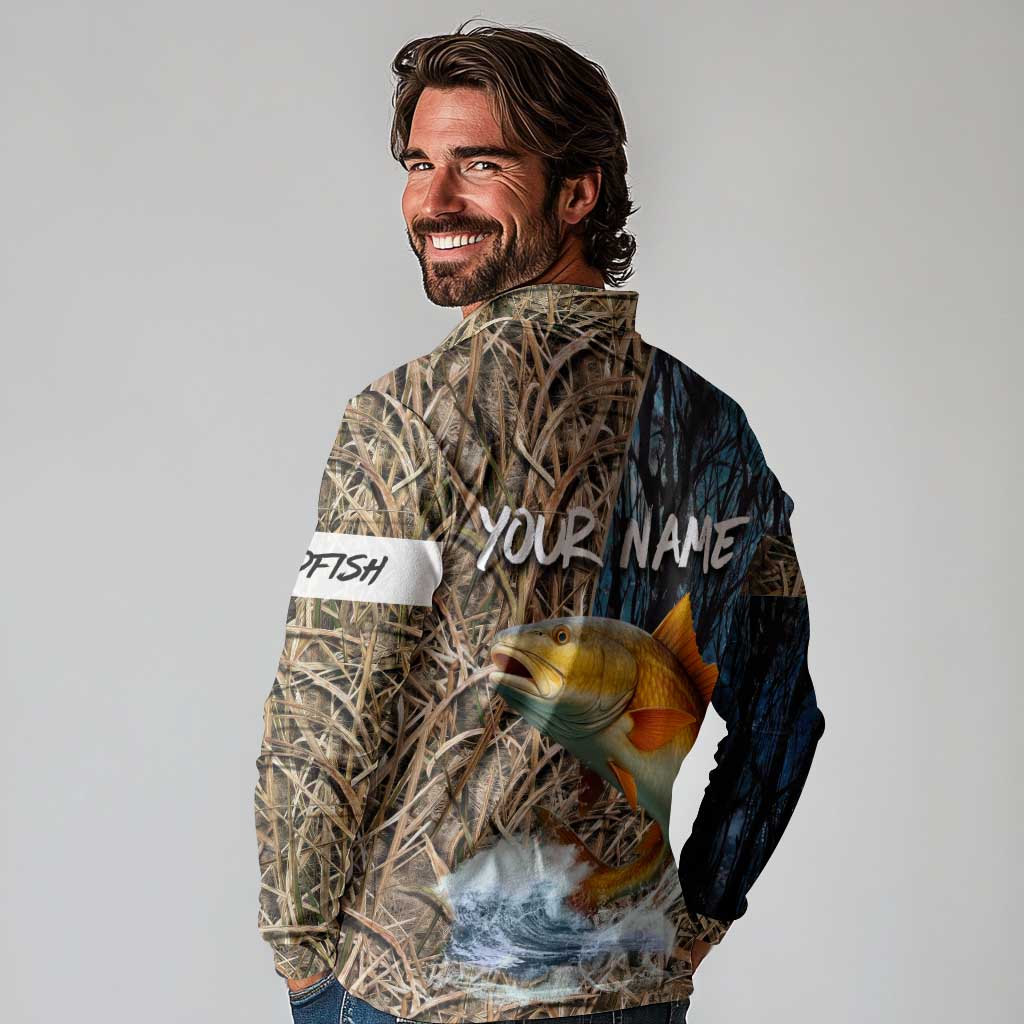 Redfish Splashing in Marsh Grass Long Sleeve Polo Shirt Custom Name and Nature Background Design - Wonder Print Shop