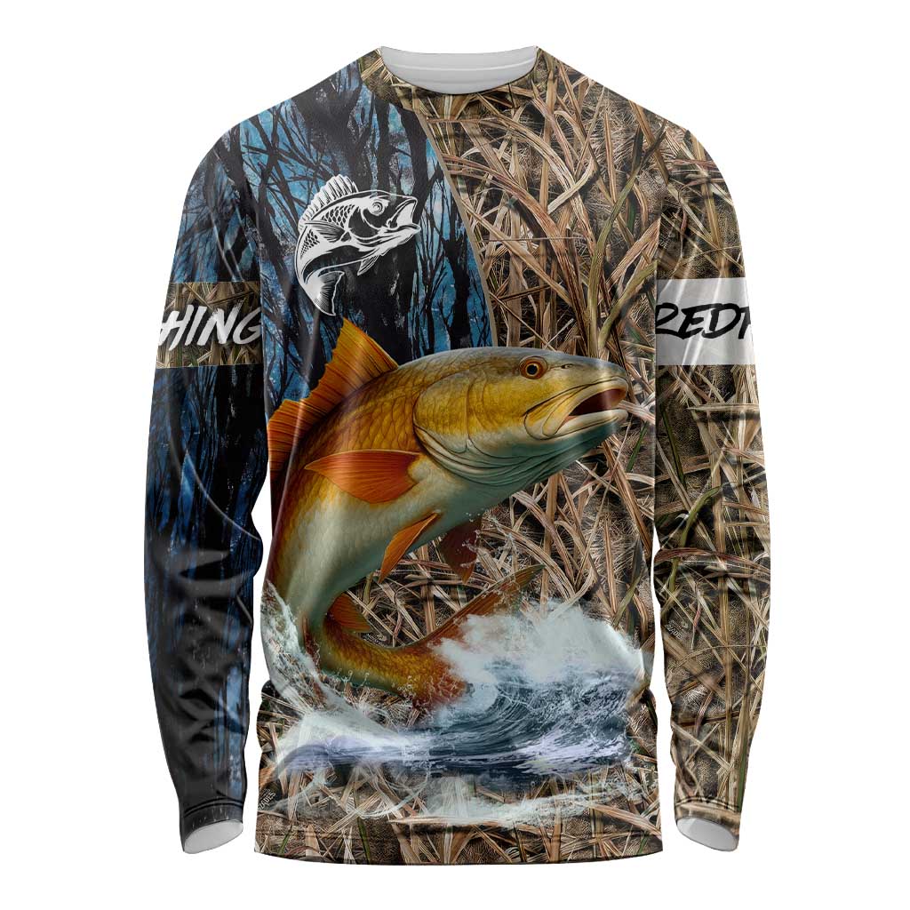 Redfish Splashing in Marsh Grass Long Sleeve Shirt Custom Name and Nature Background Design - Wonder Print Shop