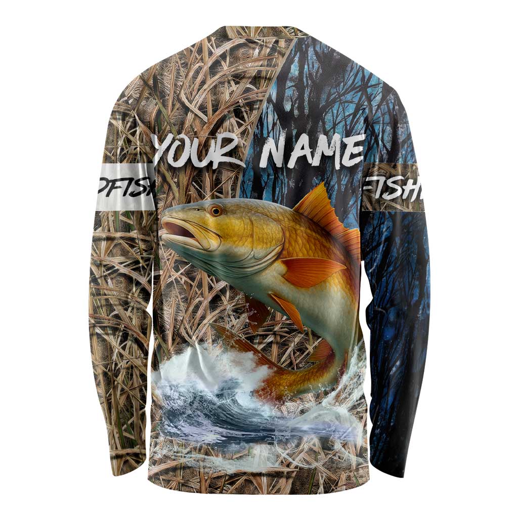 Redfish Splashing in Marsh Grass Long Sleeve Shirt Custom Name and Nature Background Design - Wonder Print Shop