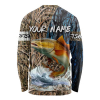 Redfish Splashing in Marsh Grass Long Sleeve Shirt Custom Name and Nature Background Design - Wonder Print Shop