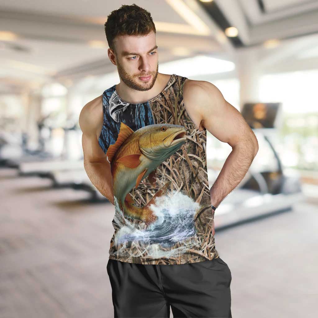 Redfish Splashing in Marsh Grass Men Tank Top Custom Name and Nature Background Design - Wonder Print Shop