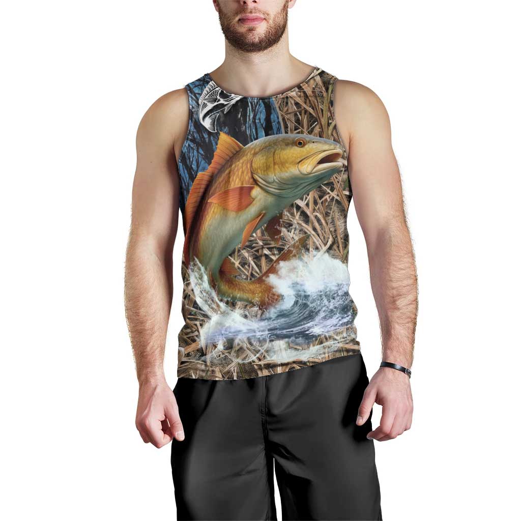 Redfish Splashing in Marsh Grass Men Tank Top Custom Name and Nature Background Design - Wonder Print Shop