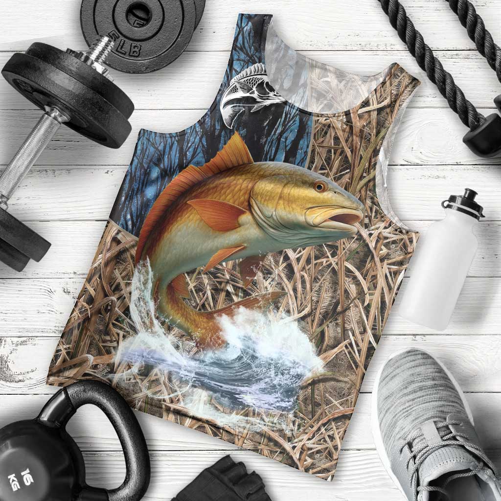 Redfish Splashing in Marsh Grass Men Tank Top Custom Name and Nature Background Design - Wonder Print Shop