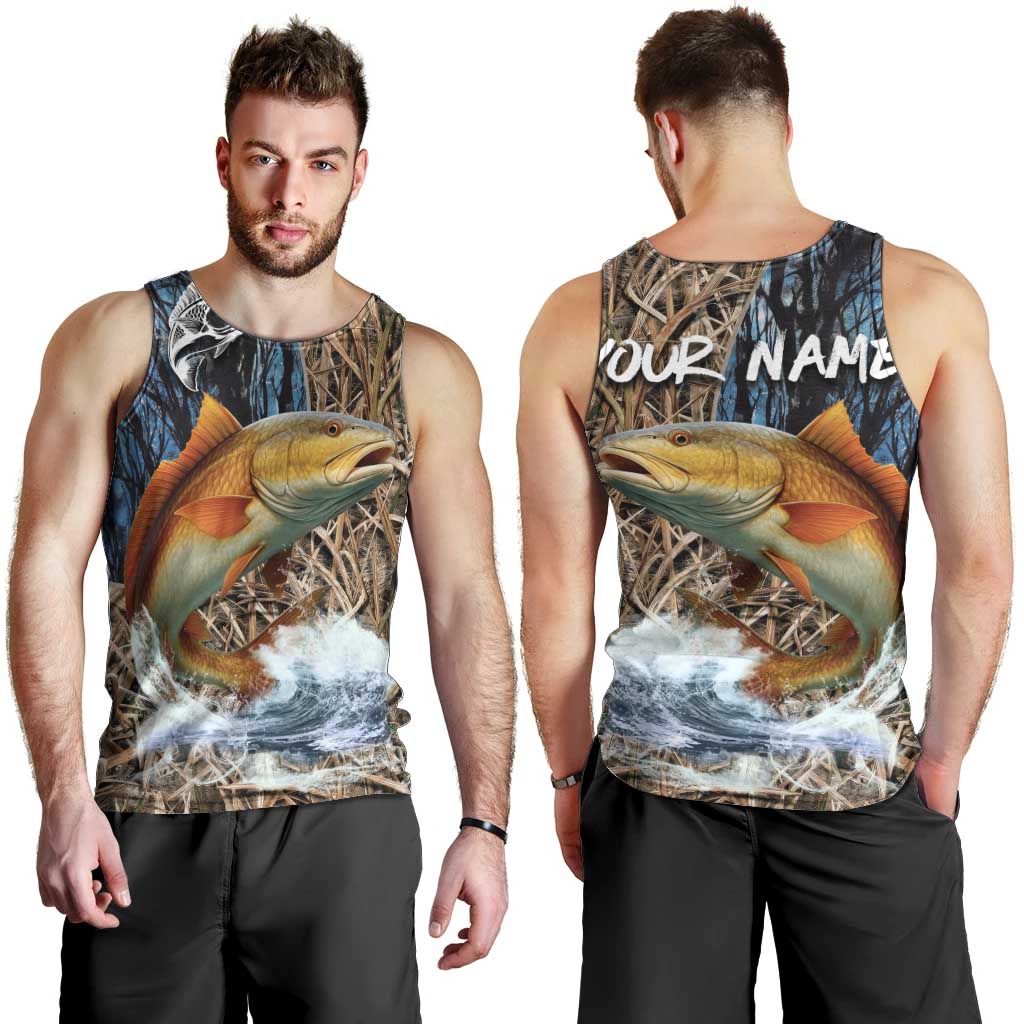 Redfish Splashing in Marsh Grass Men Tank Top Custom Name and Nature Background Design - Wonder Print Shop