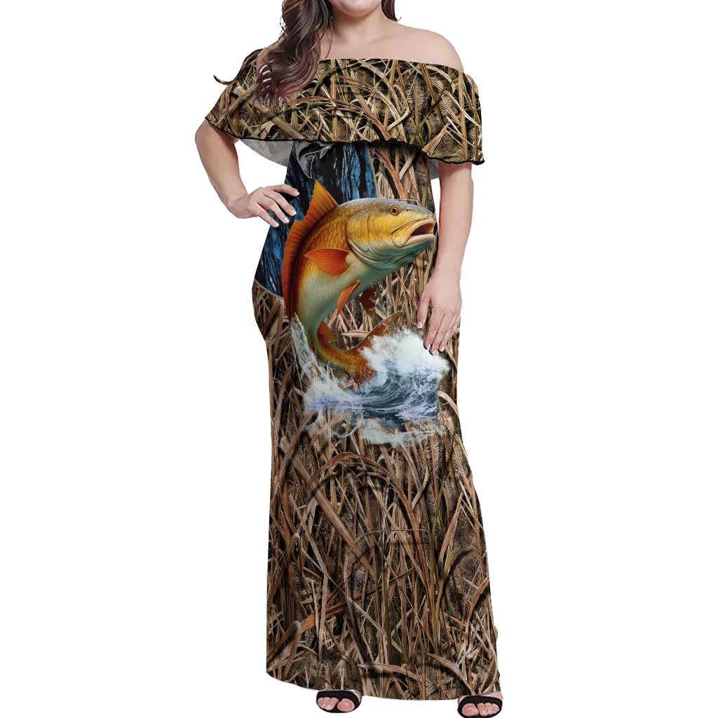 Redfish Splashing in Marsh Grass Off Shoulder Maxi Dress Custom Name and Nature Background Design - Wonder Print Shop