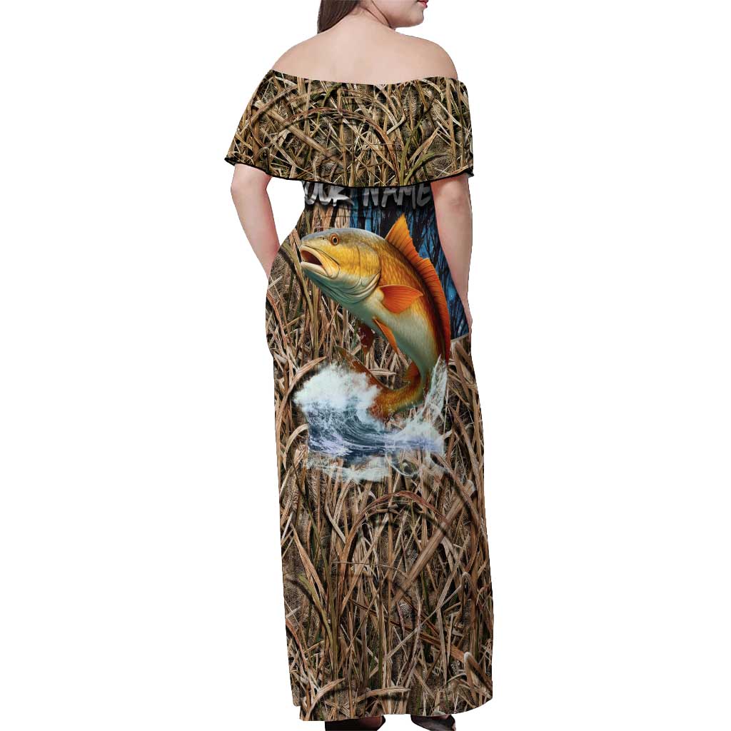 Redfish Splashing in Marsh Grass Off Shoulder Maxi Dress Custom Name and Nature Background Design - Wonder Print Shop