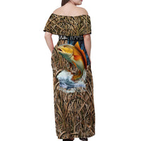 Redfish Splashing in Marsh Grass Off Shoulder Maxi Dress Custom Name and Nature Background Design - Wonder Print Shop
