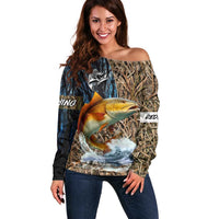 Redfish Splashing in Marsh Grass Off Shoulder Sweater Custom Name and Nature Background Design - Wonder Print Shop