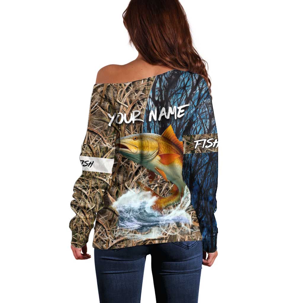 Redfish Splashing in Marsh Grass Off Shoulder Sweater Custom Name and Nature Background Design - Wonder Print Shop