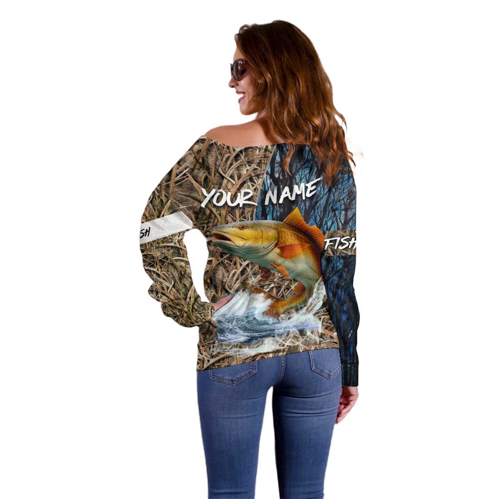 Redfish Splashing in Marsh Grass Off Shoulder Sweater Custom Name and Nature Background Design - Wonder Print Shop