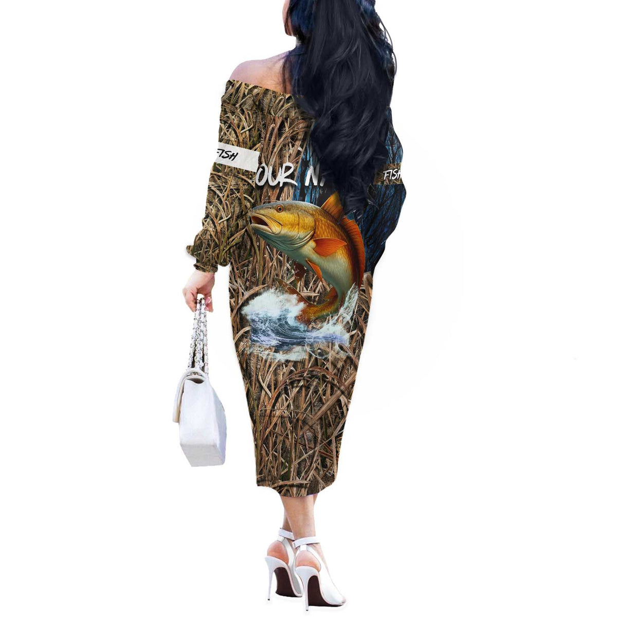 Redfish Splashing in Marsh Grass Off The Shoulder Long Sleeve Dress Custom Name and Nature Background Design - Wonder Print Shop