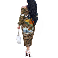 Redfish Splashing in Marsh Grass Off The Shoulder Long Sleeve Dress Custom Name and Nature Background Design - Wonder Print Shop