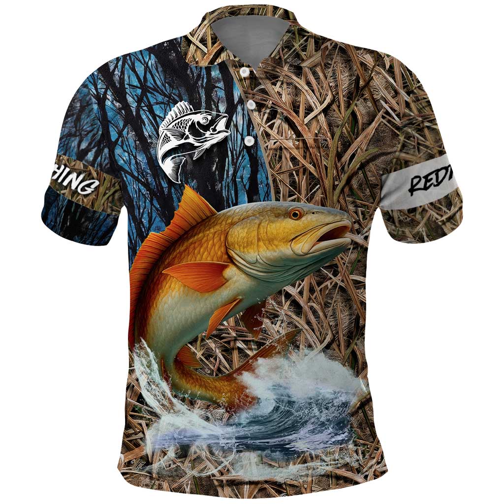 Redfish Splashing in Marsh Grass Polo Shirt Custom Name and Nature Background Design - Wonder Print Shop