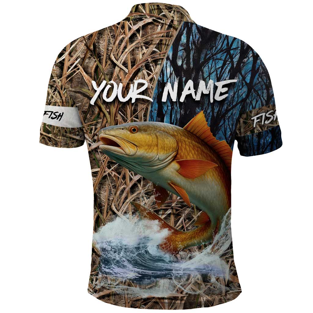 Redfish Splashing in Marsh Grass Polo Shirt Custom Name and Nature Background Design - Wonder Print Shop