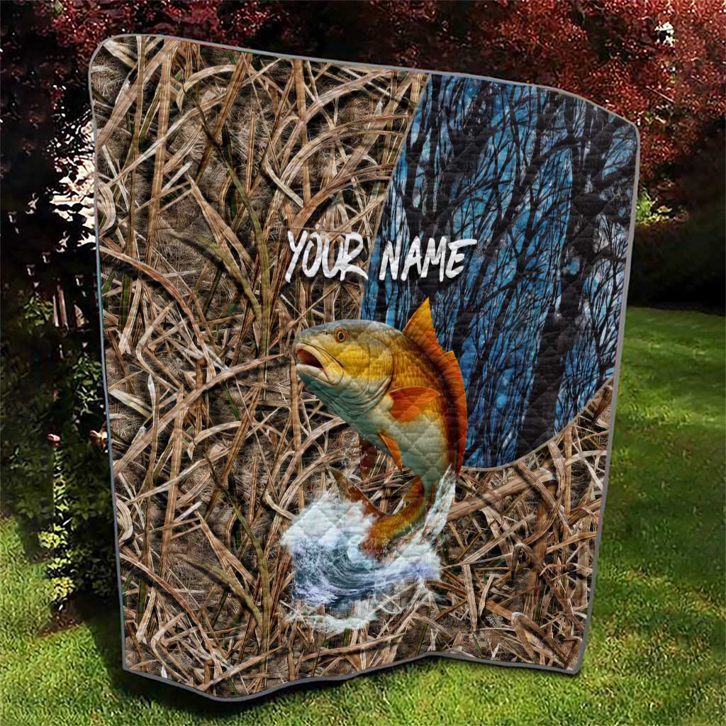 Redfish Splashing in Marsh Grass Quilt Custom Name and Nature Background Design - Wonder Print Shop