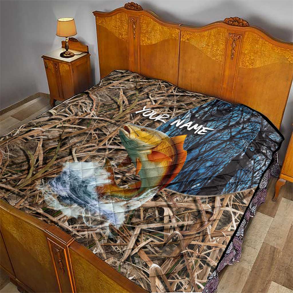 Redfish Splashing in Marsh Grass Quilt Custom Name and Nature Background Design - Wonder Print Shop