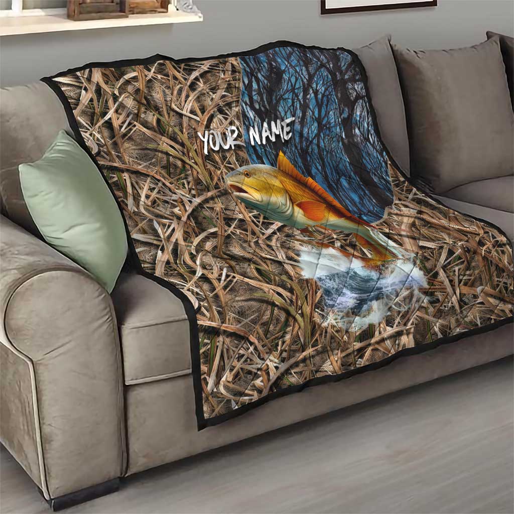 Redfish Splashing in Marsh Grass Quilt Custom Name and Nature Background Design - Wonder Print Shop