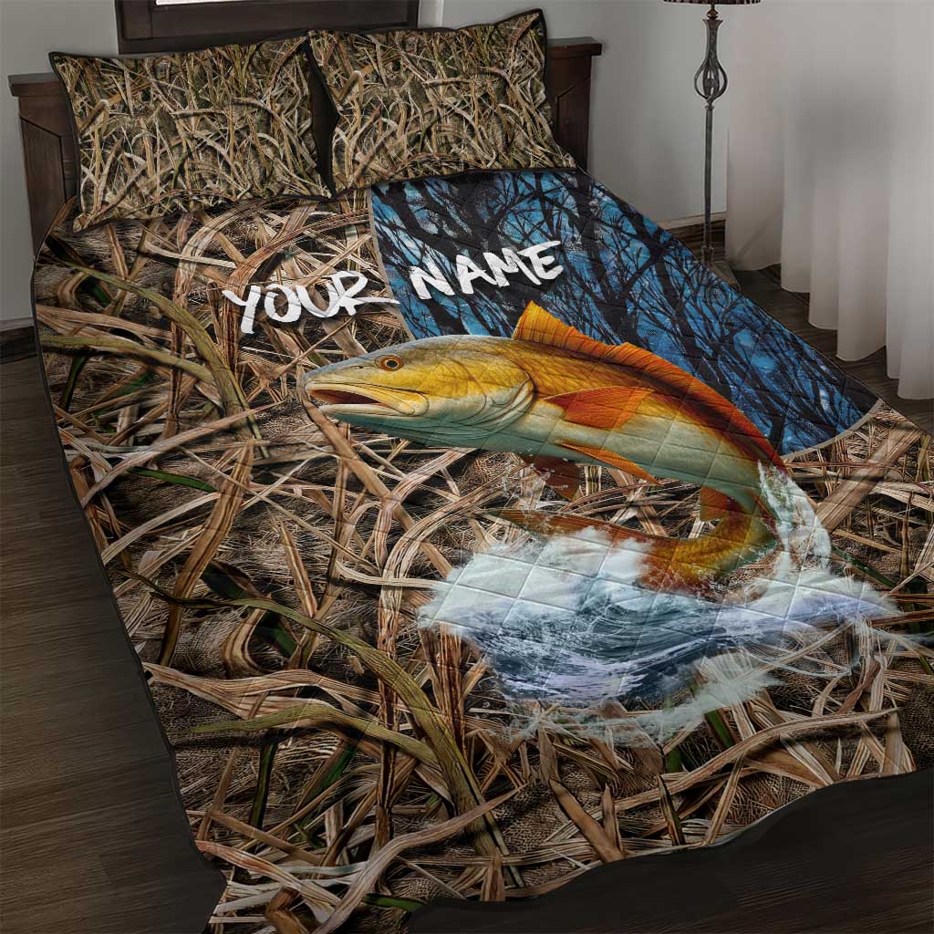 Redfish Splashing in Marsh Grass Quilt Bed Set Custom Name and Nature Background Design - Wonder Print Shop