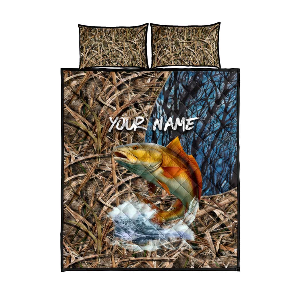 Redfish Splashing in Marsh Grass Quilt Bed Set Custom Name and Nature Background Design - Wonder Print Shop