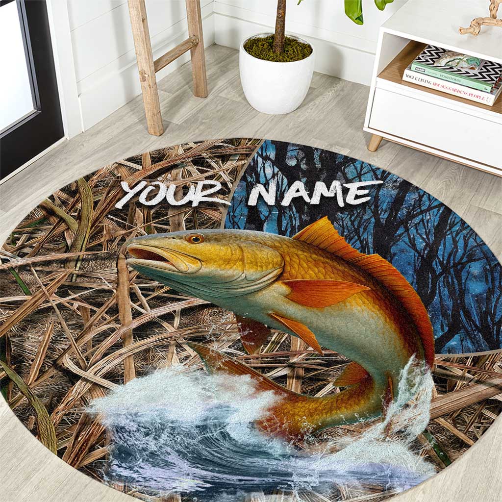 Redfish Splashing in Marsh Grass Round Carpet Custom Name and Nature Background Design - Wonder Print Shop