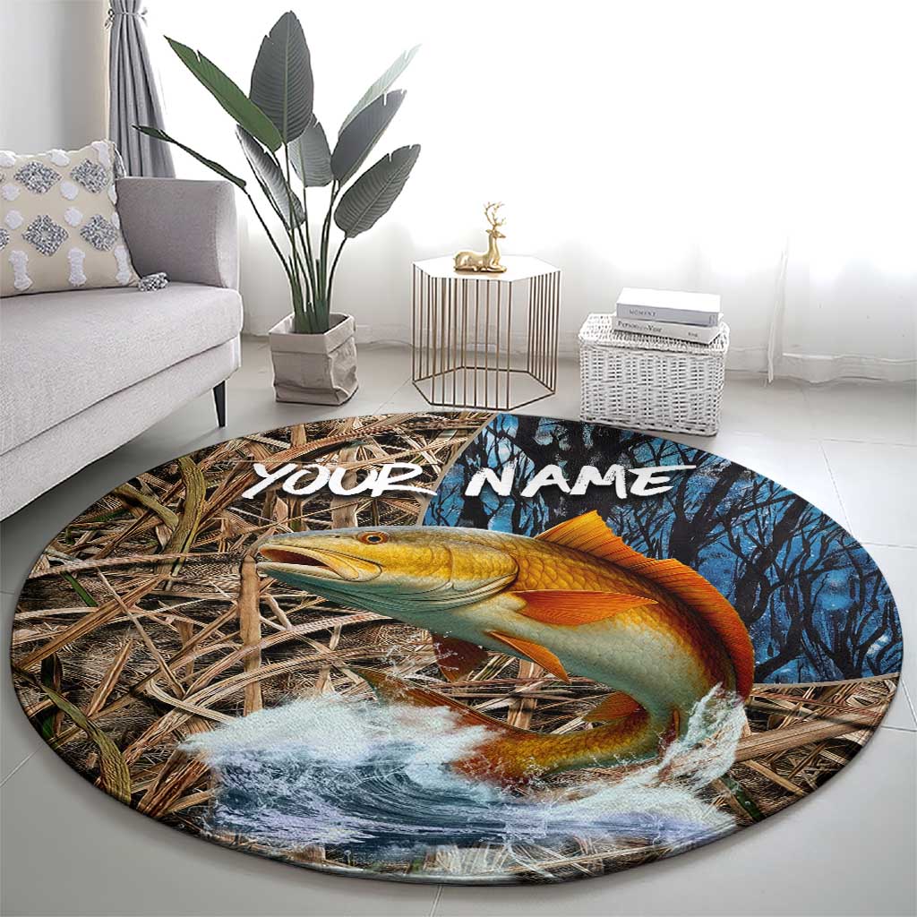 Redfish Splashing in Marsh Grass Round Carpet Custom Name and Nature Background Design - Wonder Print Shop