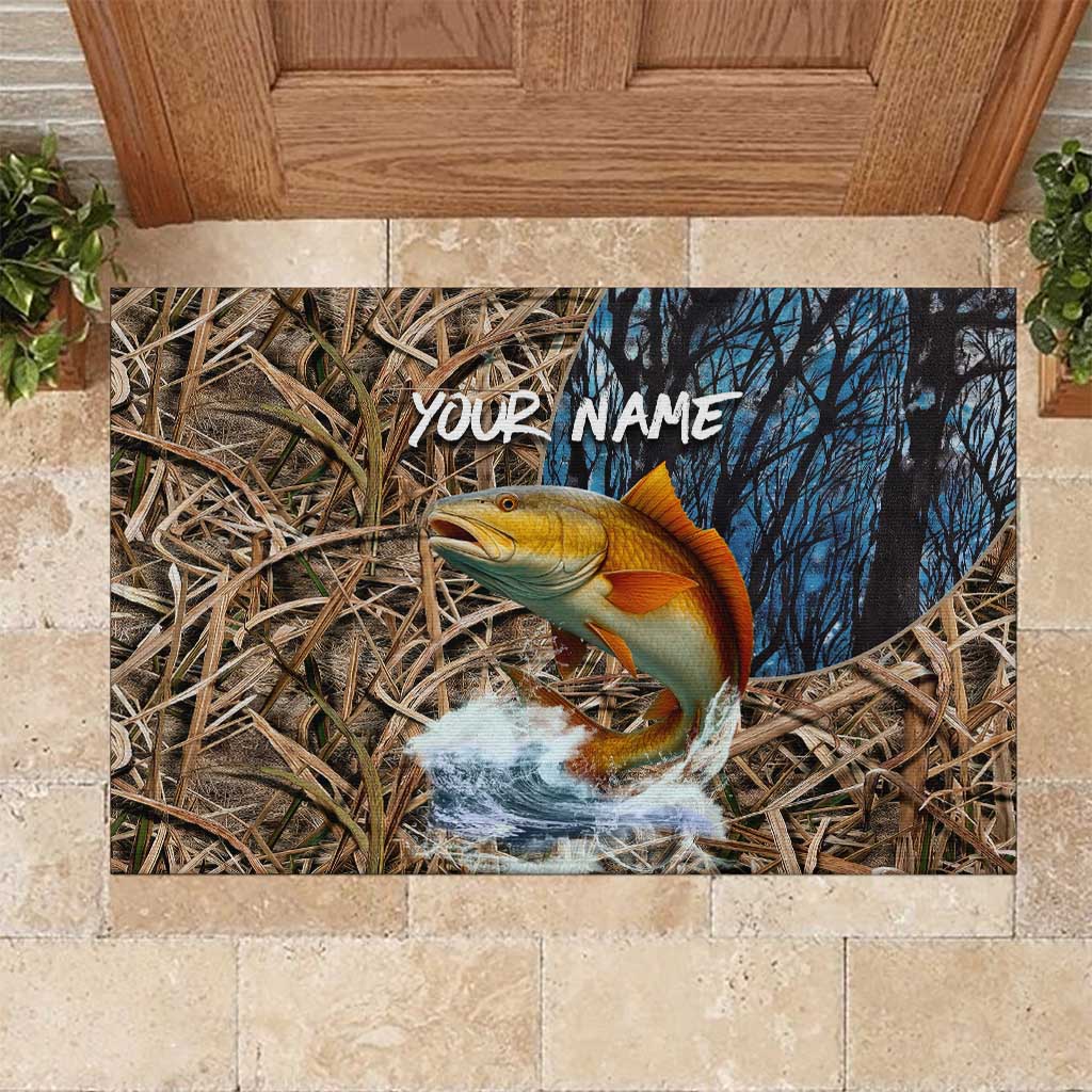 Redfish Splashing in Marsh Grass Rubber Doormat Custom Name and Nature Background Design - Wonder Print Shop