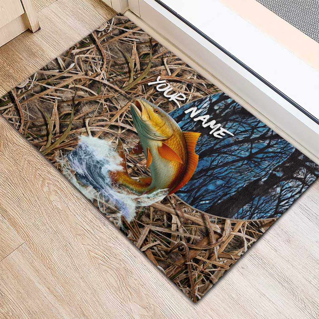 Redfish Splashing in Marsh Grass Rubber Doormat Custom Name and Nature Background Design - Wonder Print Shop