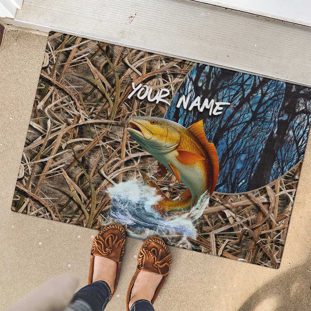 Redfish Splashing in Marsh Grass Rubber Doormat Custom Name and Nature Background Design - Wonder Print Shop