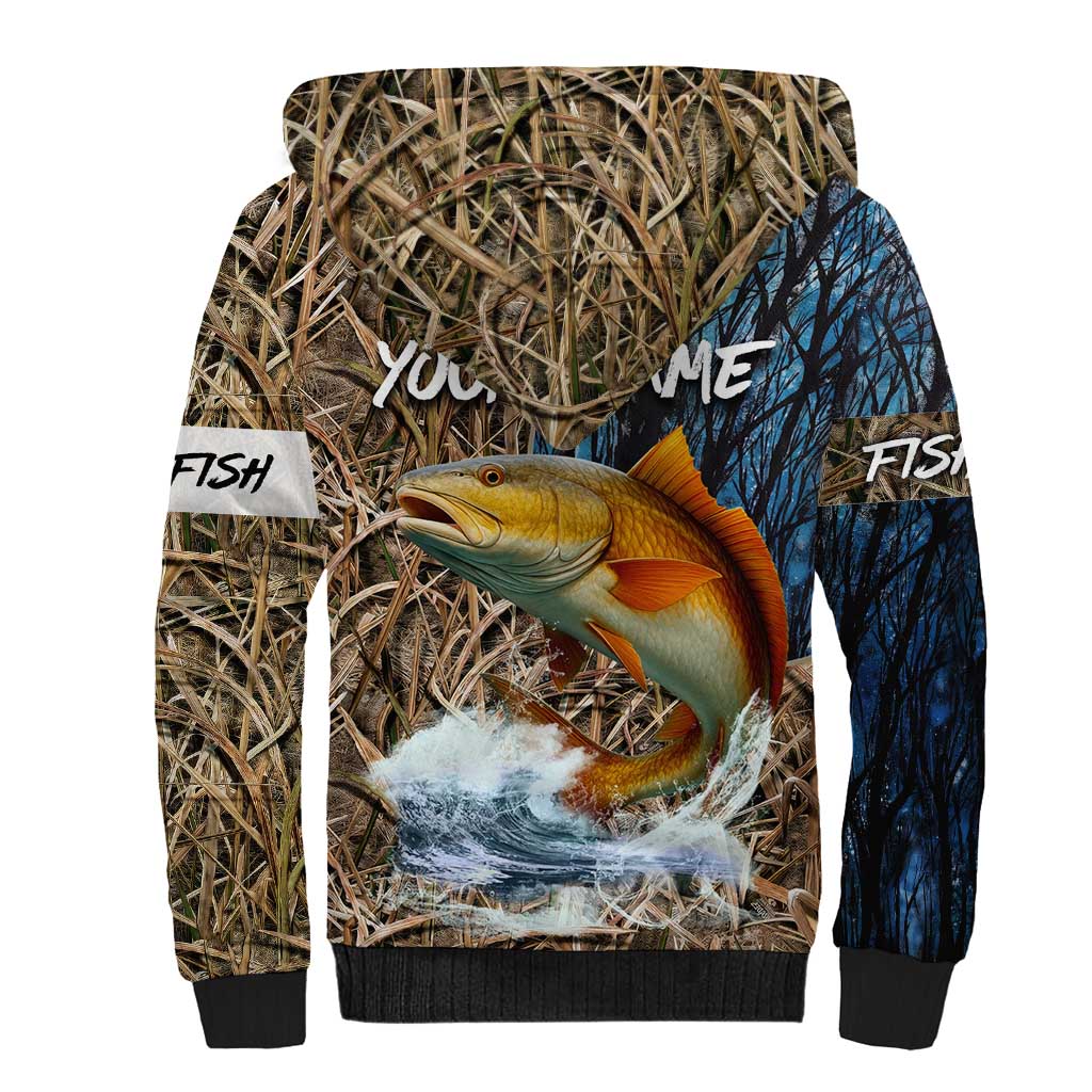 Redfish Splashing in Marsh Grass Sherpa Hoodie Custom Name and Nature Background Design - Wonder Print Shop