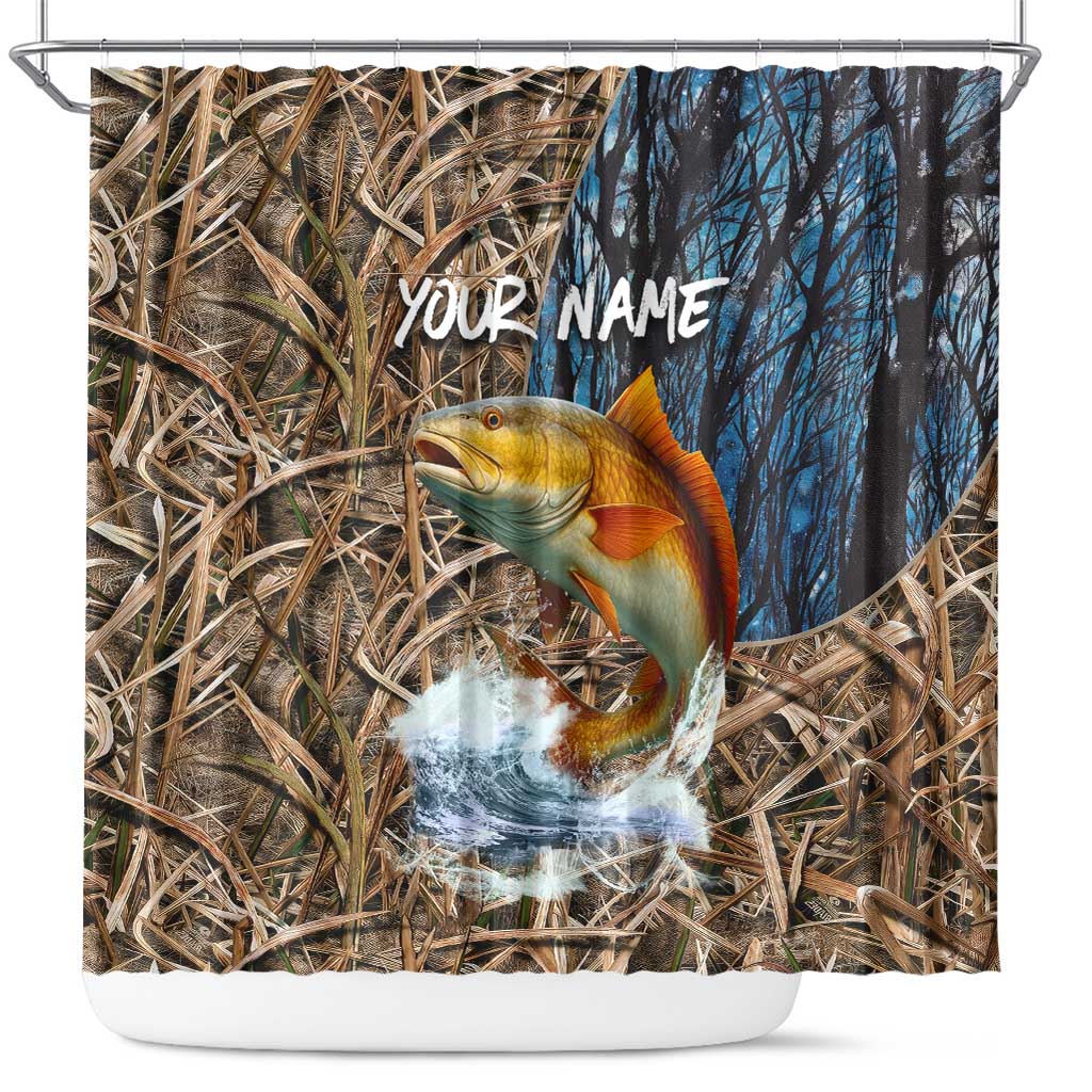 Redfish Splashing in Marsh Grass Shower Curtain Custom Name and Nature Background Design - Wonder Print Shop
