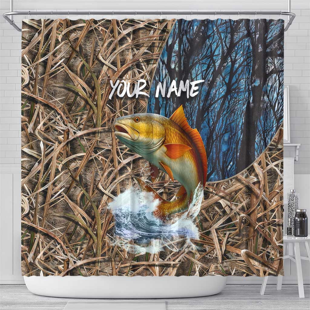 Redfish Splashing in Marsh Grass Shower Curtain Custom Name and Nature Background Design - Wonder Print Shop