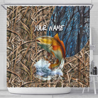 Redfish Splashing in Marsh Grass Shower Curtain Custom Name and Nature Background Design - Wonder Print Shop