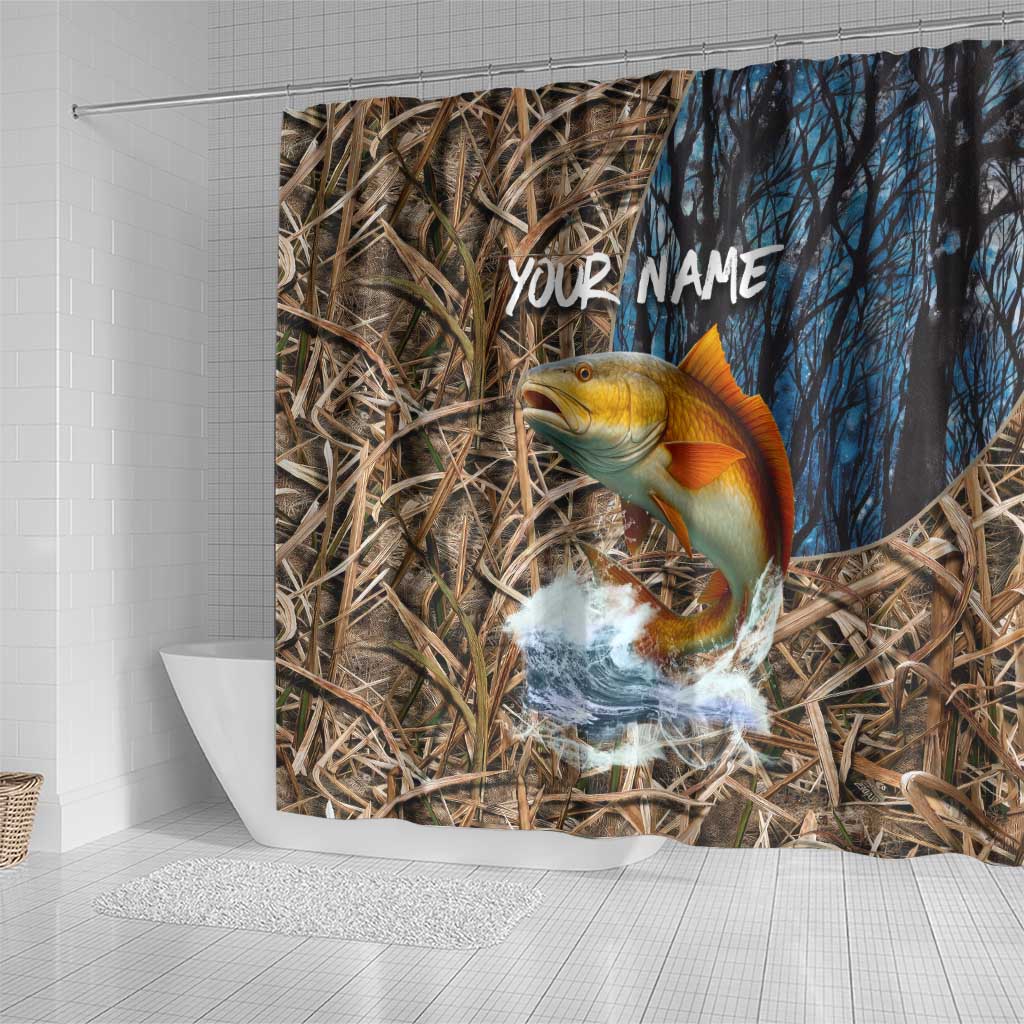 Redfish Splashing in Marsh Grass Shower Curtain Custom Name and Nature Background Design - Wonder Print Shop