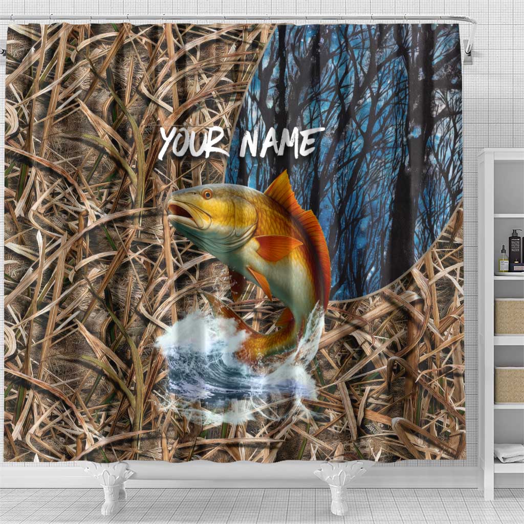 Redfish Splashing in Marsh Grass Shower Curtain Custom Name and Nature Background Design - Wonder Print Shop