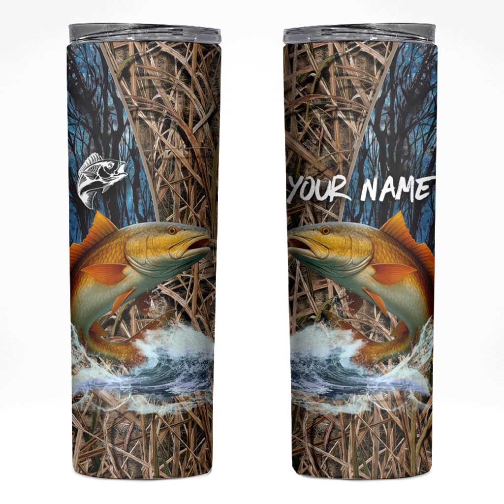 Redfish Splashing in Marsh Grass Skinny Tumbler Custom Name and Nature Background Design - Wonder Print Shop