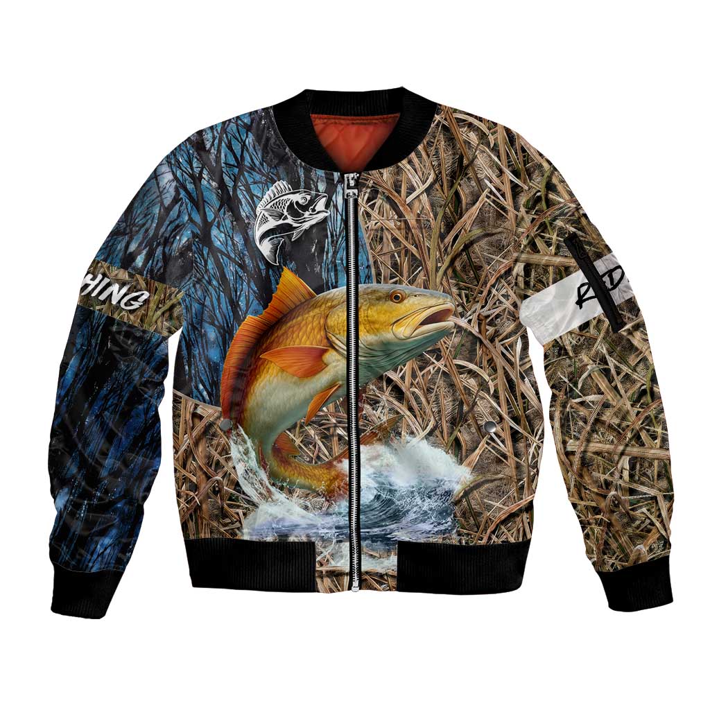 Redfish Splashing in Marsh Grass Sleeve Zip Bomber Jacket Custom Name and Nature Background Design - Wonder Print Shop