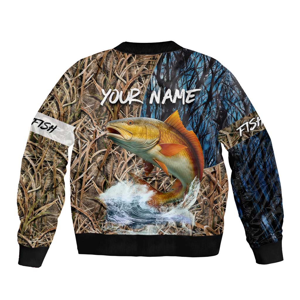 Redfish Splashing in Marsh Grass Sleeve Zip Bomber Jacket Custom Name and Nature Background Design - Wonder Print Shop