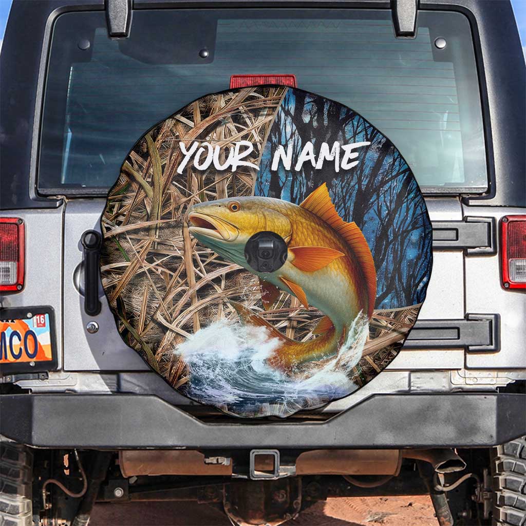 Redfish Splashing in Marsh Grass Spare Tire Cover Custom Name and Nature Background Design - Wonder Print Shop
