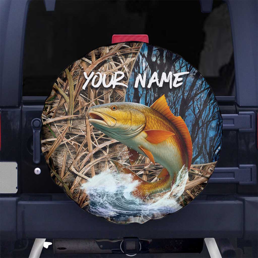 Redfish Splashing in Marsh Grass Spare Tire Cover Custom Name and Nature Background Design - Wonder Print Shop