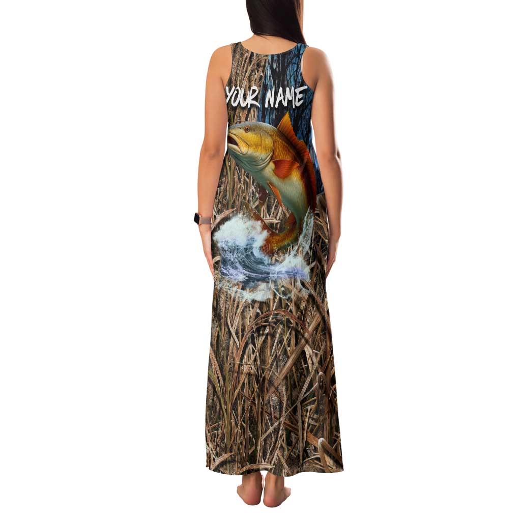 Redfish Splashing in Marsh Grass Tank Maxi Dress Custom Name and Nature Background Design - Wonder Print Shop