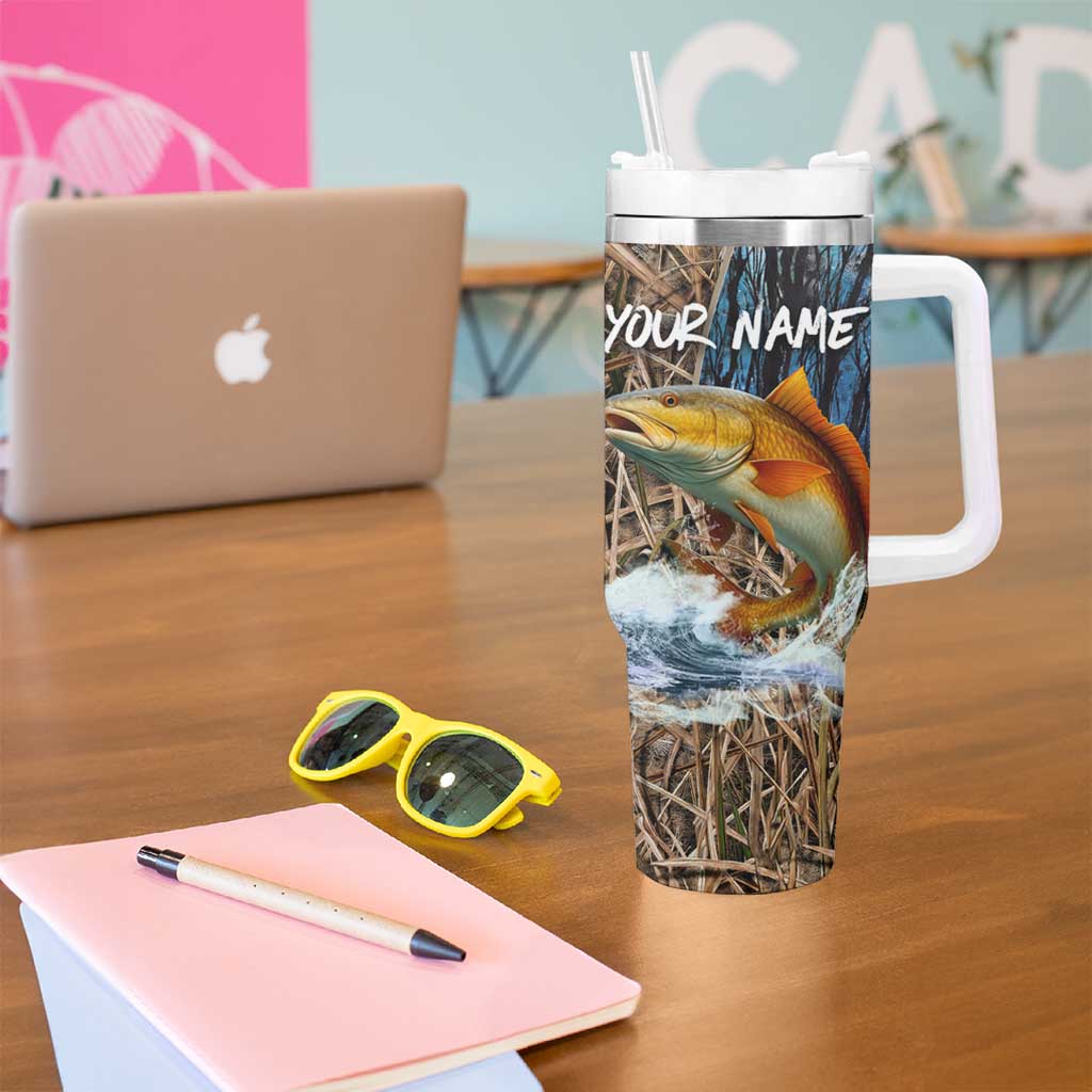 Redfish Splashing in Marsh Grass Tumbler With Handle Custom Name and Nature Background Design - Wonder Print Shop