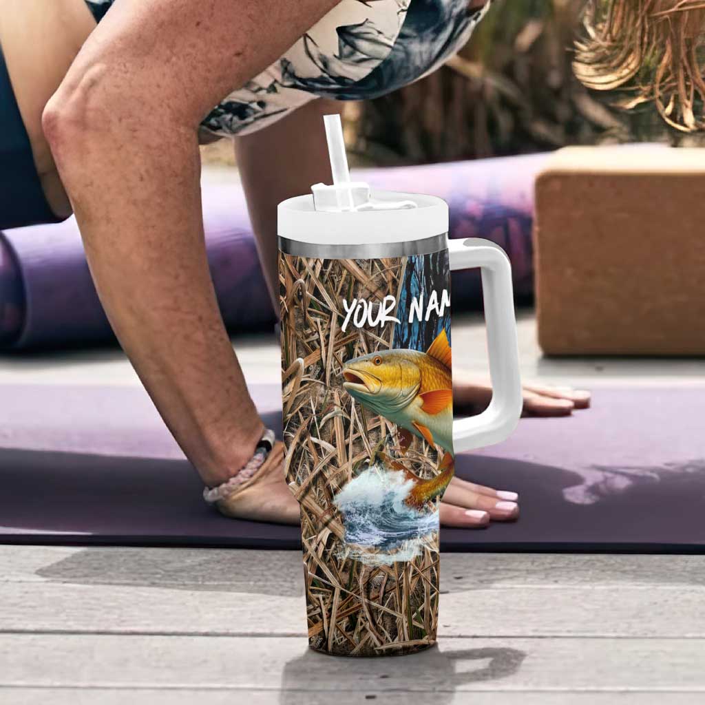 Redfish Splashing in Marsh Grass Tumbler With Handle Custom Name and Nature Background Design - Wonder Print Shop