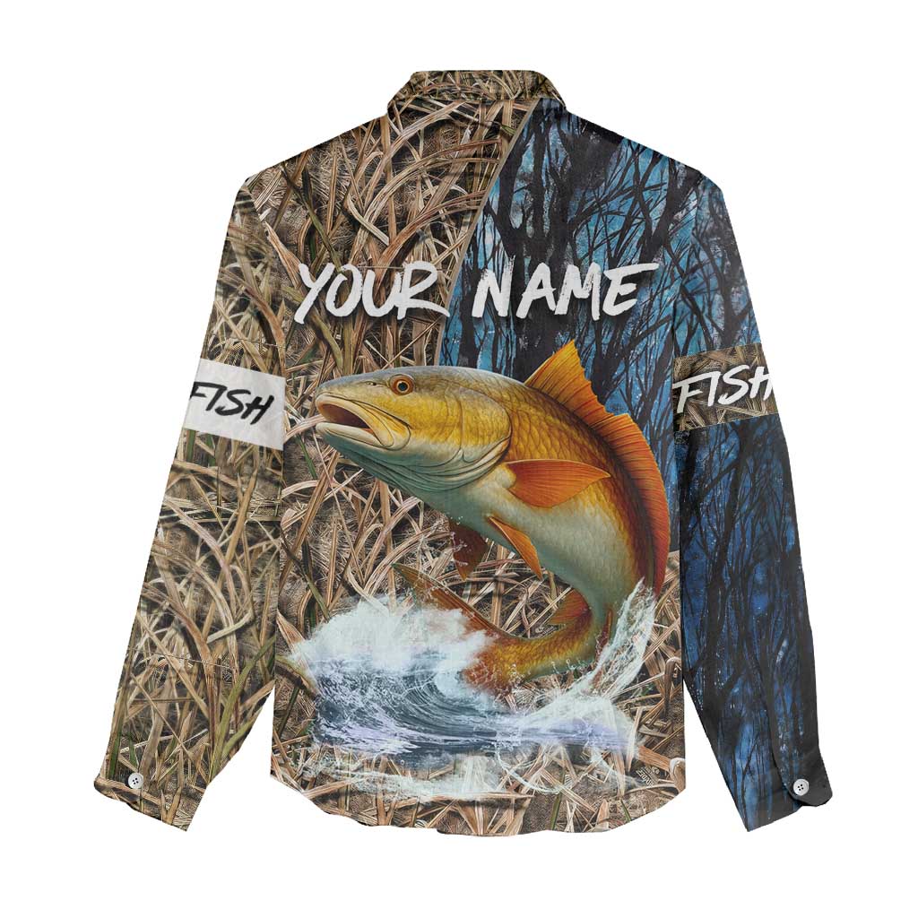 Redfish Splashing in Marsh Grass Women Casual Shirt Custom Name and Nature Background Design - Wonder Print Shop
